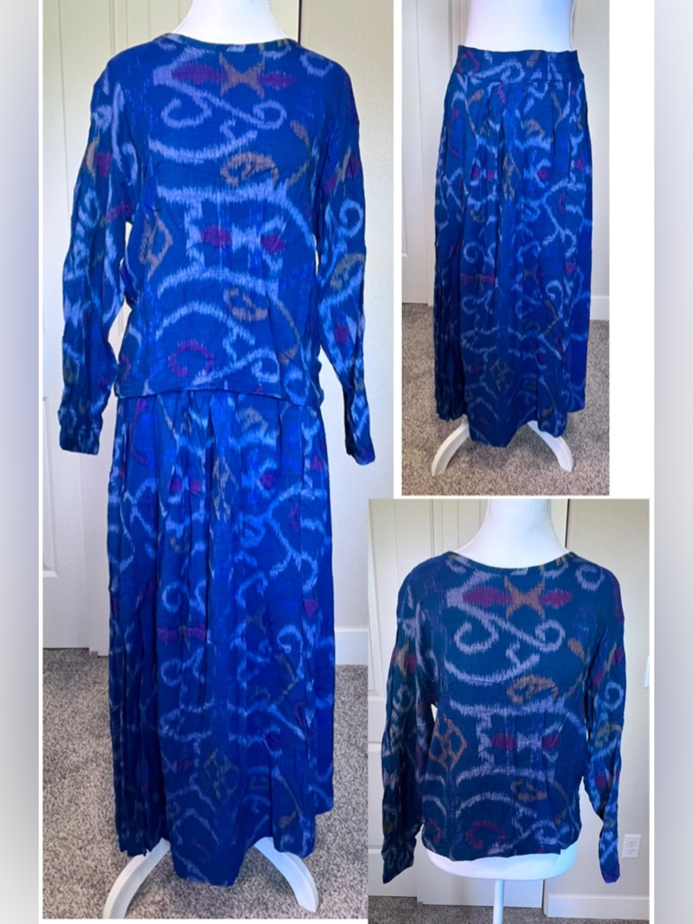 Blue Abstract Print Two-Piece Set - Maxi Skirt & Long Sleeve Top Art to Wear